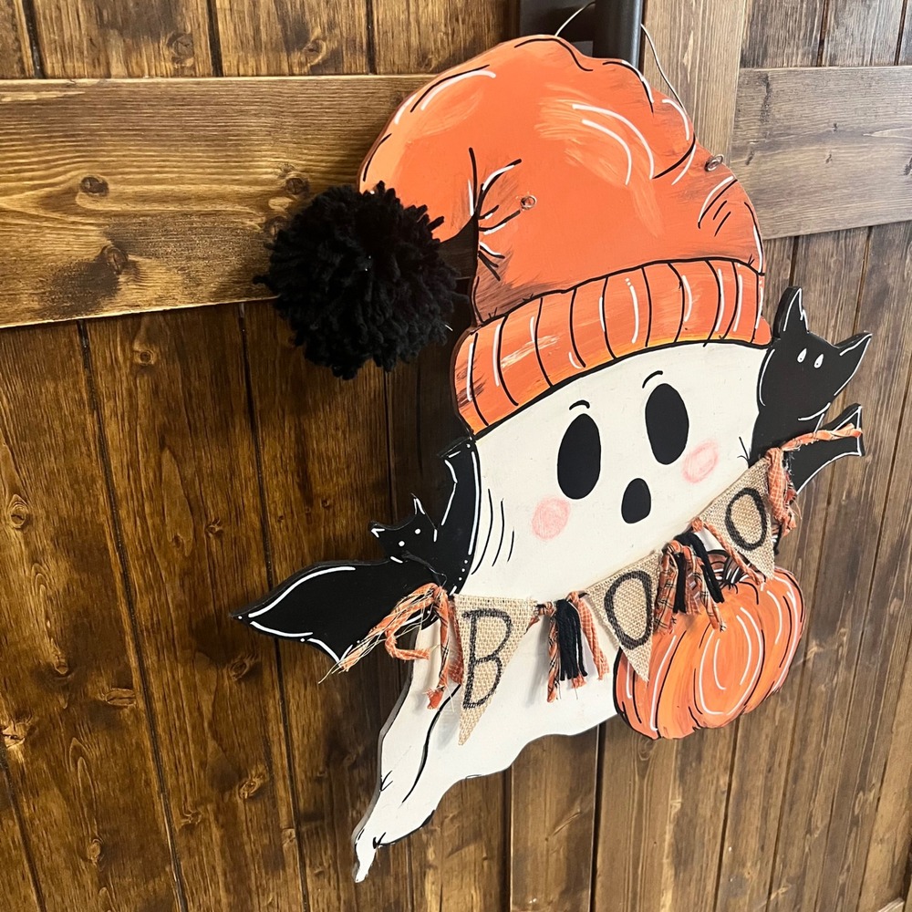 Halloween Ghost Wooden Door Hanger Boo Banner Pumpkin Bats Wall Decor 21x19 - Picture 6 of 11